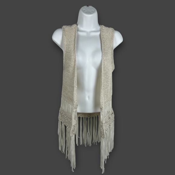 FANG Crochet Fringe Vest Boho Festival Hippie Beige Open Knit Sleeveless Top - Picture 1 of 6